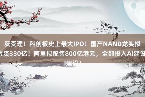 获受理！科创板史上最大IPO！国产NAND龙头拟募资330亿！阿里拟配售800亿港元，全部投入AI建设！